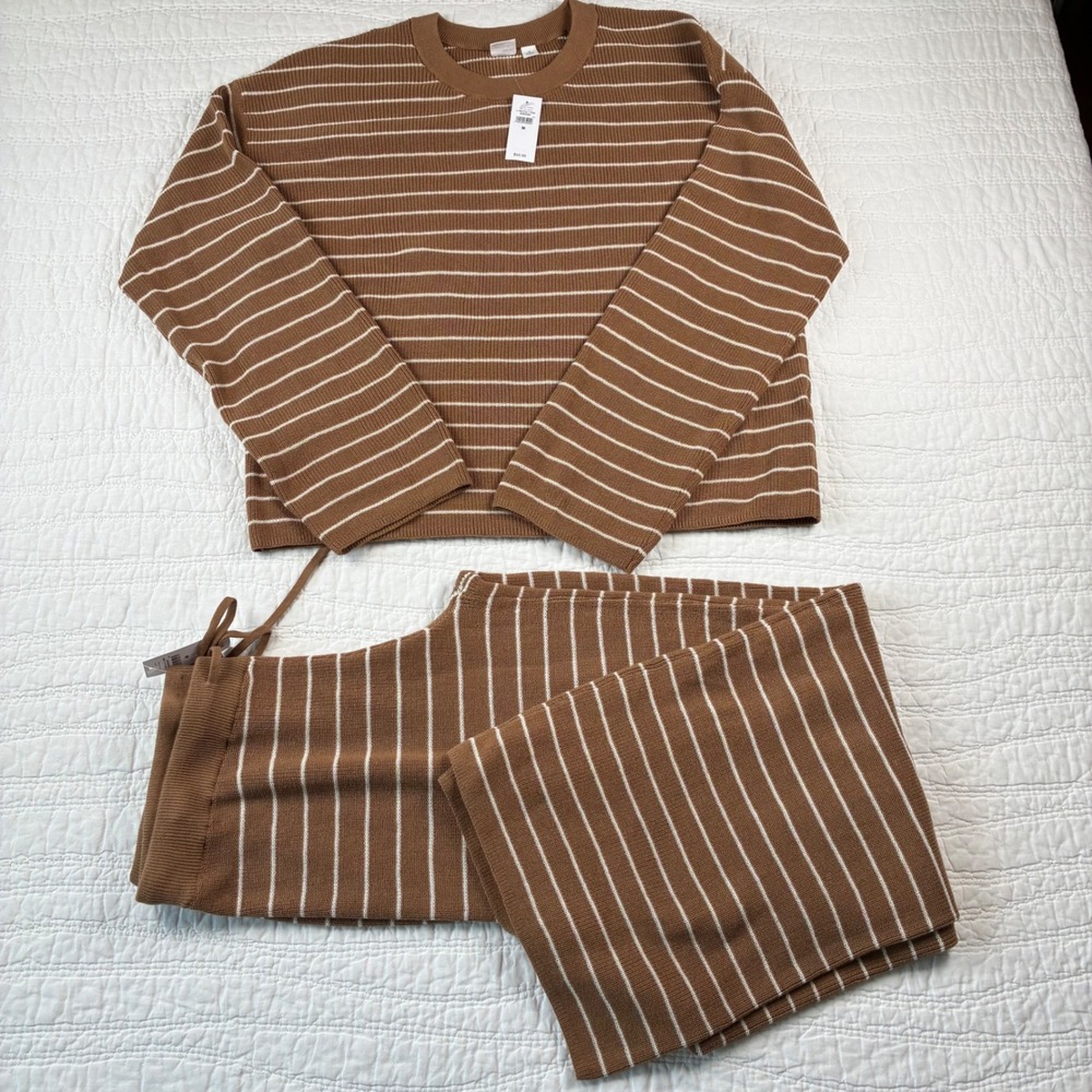 NEW GAP Brown Ribbed Striped Knit 2 Piece Sweater Top and Pants Set M Loungewear